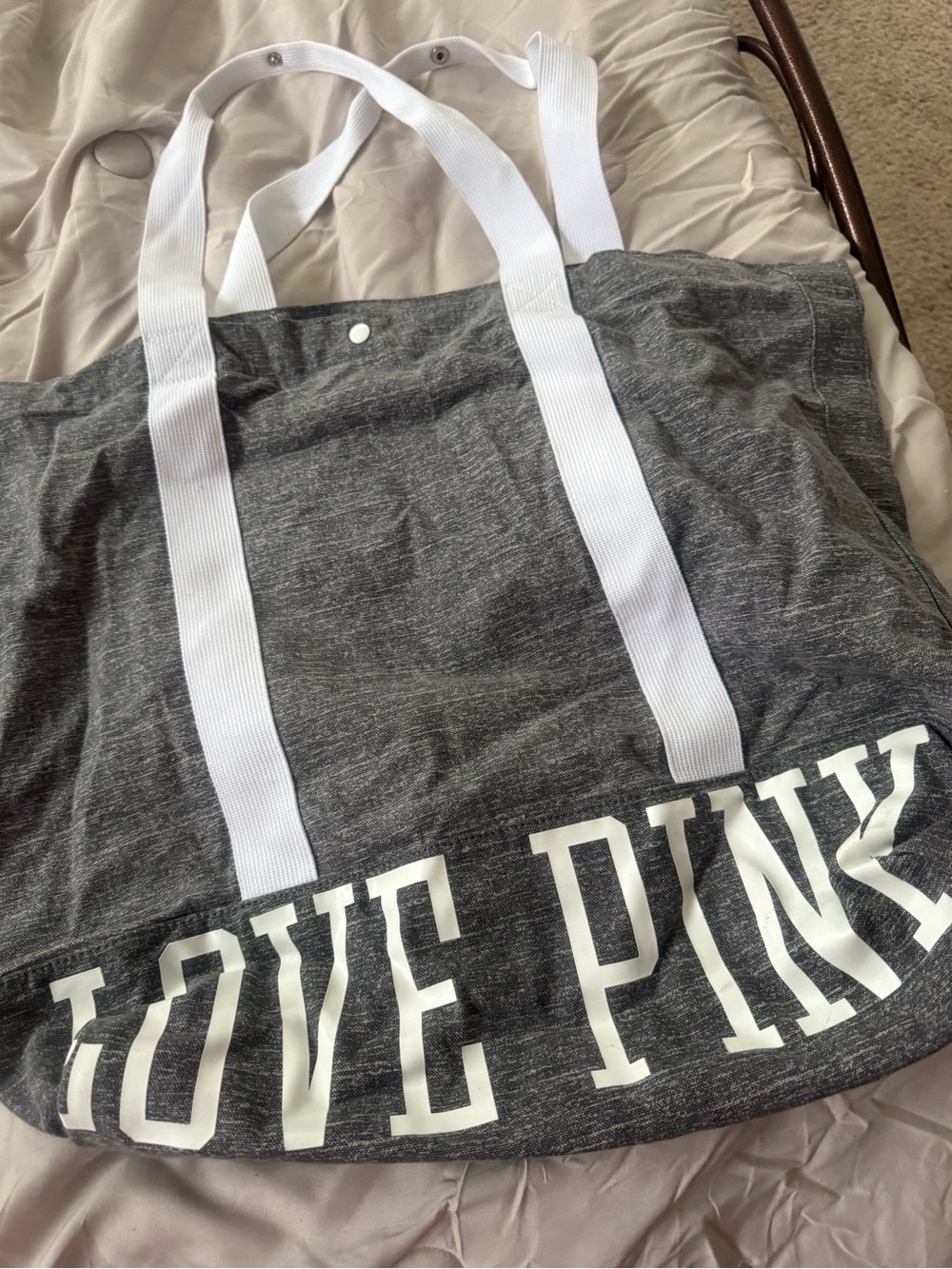 LOVE PINK Gray Tote with White Straps